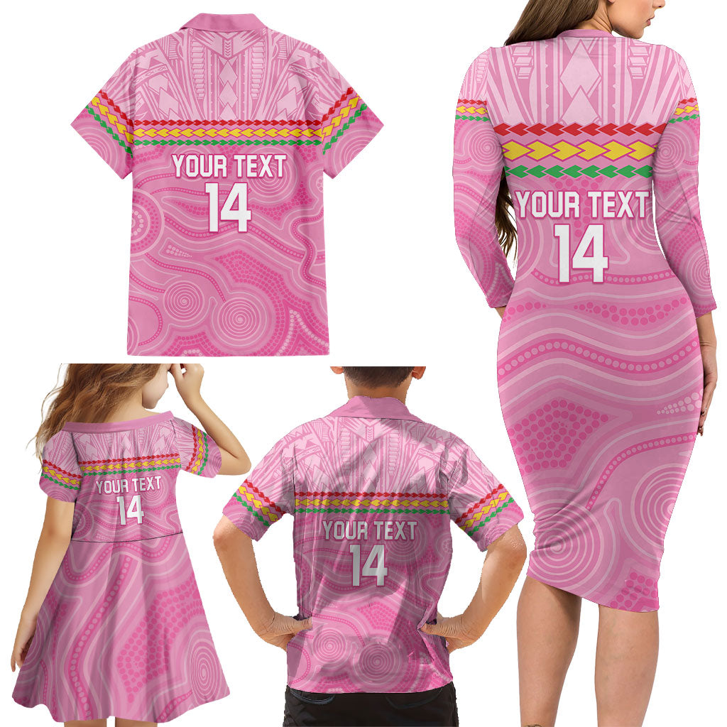 Penrith Panthers Rugby Custom Family Matching Long Sleeve Bodycon Dress and Hawaiian Shirt 60 Years Anniversary Pink Polynesian Aboriginal Art