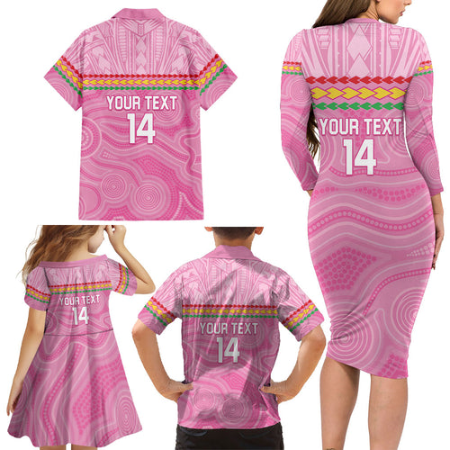 Penrith Panthers Rugby Custom Family Matching Long Sleeve Bodycon Dress and Hawaiian Shirt 60 Years Anniversary Pink Polynesian Aboriginal Art