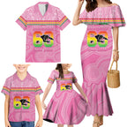 Penrith Panthers Rugby Custom Family Matching Mermaid Dress and Hawaiian Shirt 60 Years Anniversary Pink Polynesian Aboriginal Art