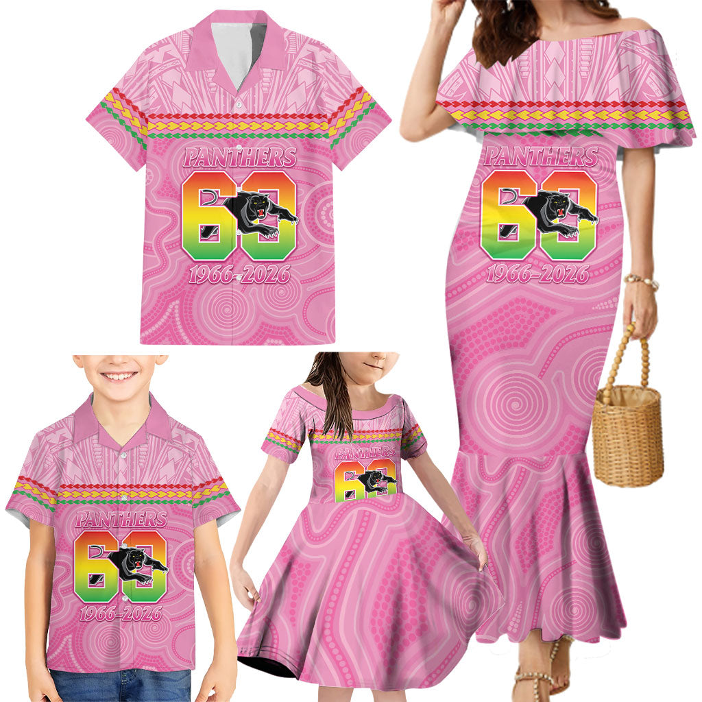Penrith Panthers Rugby Custom Family Matching Mermaid Dress and Hawaiian Shirt 60 Years Anniversary Pink Polynesian Aboriginal Art