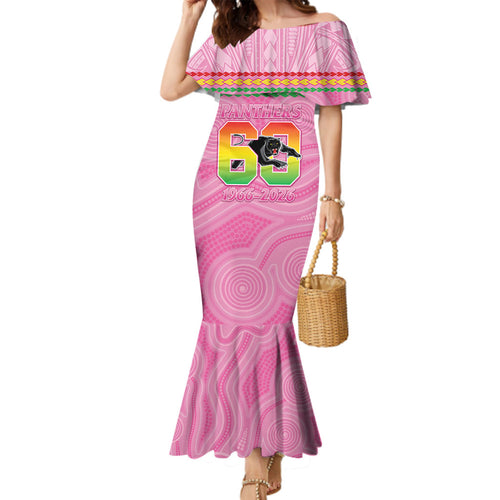 Penrith Panthers Rugby Custom Family Matching Mermaid Dress and Hawaiian Shirt 60 Years Anniversary Pink Polynesian Aboriginal Art