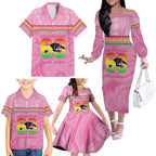 Penrith Panthers Rugby Custom Family Matching Off The Shoulder Long Sleeve Dress and Hawaiian Shirt 60 Years Anniversary Pink Polynesian Aboriginal Art
