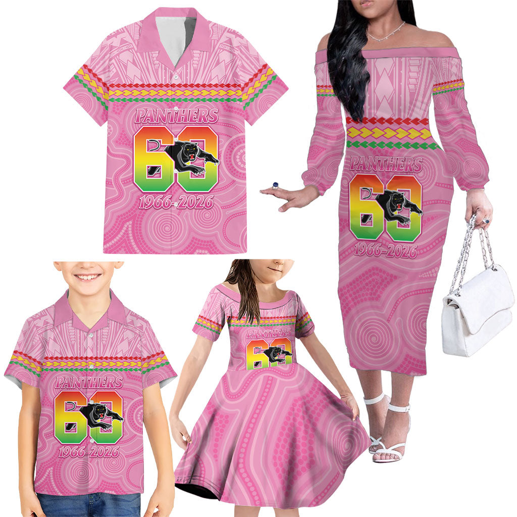 Penrith Panthers Rugby Custom Family Matching Off The Shoulder Long Sleeve Dress and Hawaiian Shirt 60 Years Anniversary Pink Polynesian Aboriginal Art