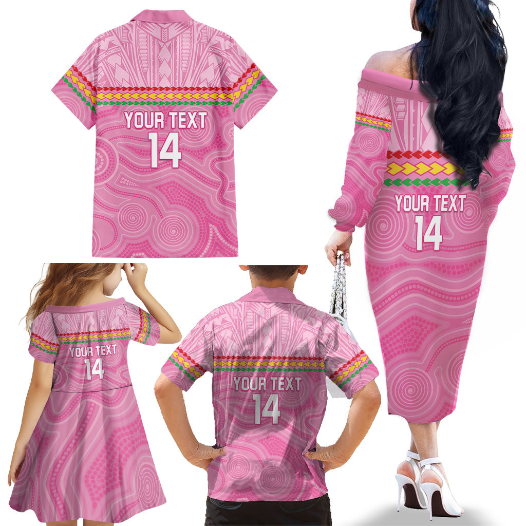 Penrith Panthers Rugby Custom Family Matching Off The Shoulder Long Sleeve Dress and Hawaiian Shirt 60 Years Anniversary Pink Polynesian Aboriginal Art