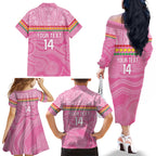 Penrith Panthers Rugby Custom Family Matching Off The Shoulder Long Sleeve Dress and Hawaiian Shirt 60 Years Anniversary Pink Polynesian Aboriginal Art