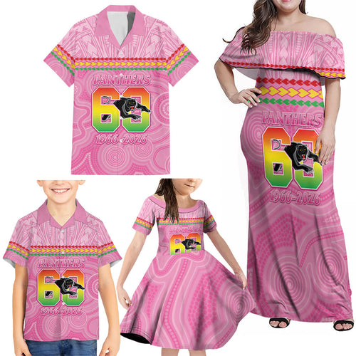 Penrith Panthers Rugby Custom Family Matching Off Shoulder Maxi Dress and Hawaiian Shirt 60 Years Anniversary Pink Polynesian Aboriginal Art