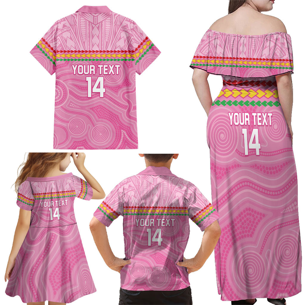 Penrith Panthers Rugby Custom Family Matching Off Shoulder Maxi Dress and Hawaiian Shirt 60 Years Anniversary Pink Polynesian Aboriginal Art