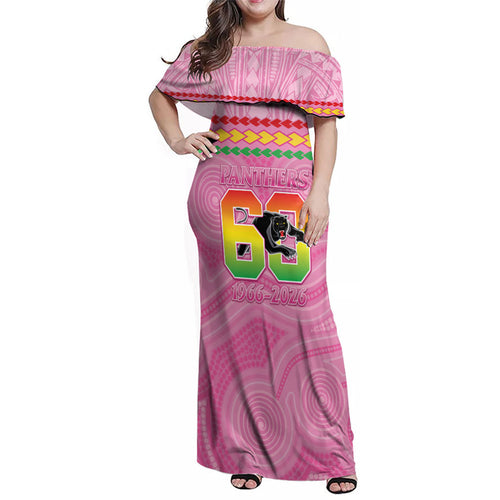 Penrith Panthers Rugby Custom Family Matching Off Shoulder Maxi Dress and Hawaiian Shirt 60 Years Anniversary Pink Polynesian Aboriginal Art