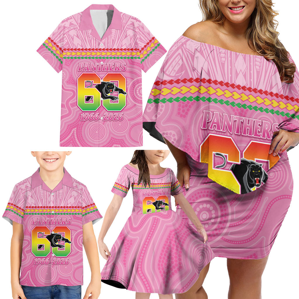 Penrith Panthers Rugby Custom Family Matching Off Shoulder Short Dress and Hawaiian Shirt 60 Years Anniversary Pink Polynesian Aboriginal Art