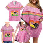 Penrith Panthers Rugby Custom Family Matching Off Shoulder Short Dress and Hawaiian Shirt 60 Years Anniversary Pink Polynesian Aboriginal Art