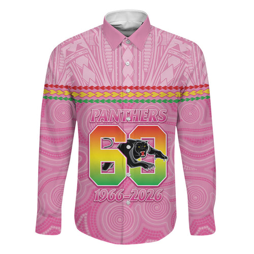 Penrith Panthers Rugby Custom Family Matching Off Shoulder Short Dress and Hawaiian Shirt 60 Years Anniversary Pink Polynesian Aboriginal Art