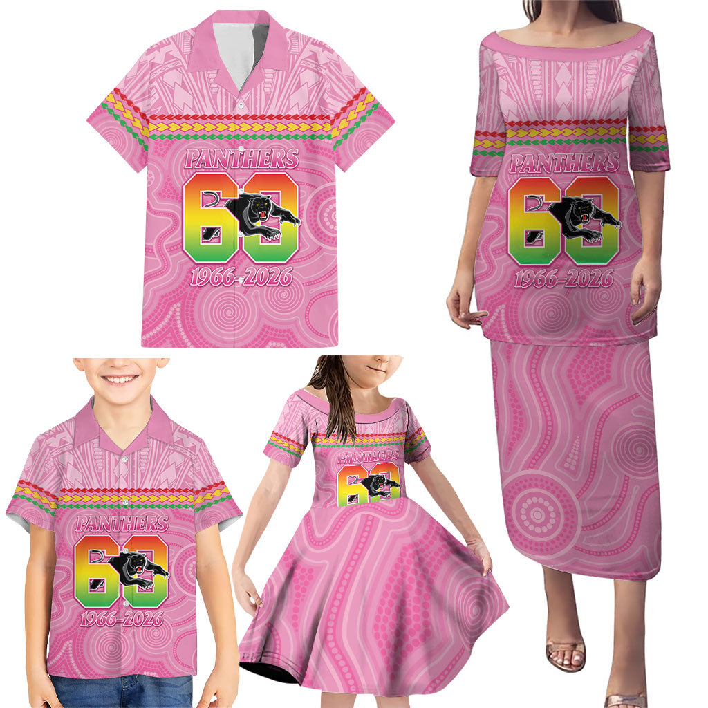 Penrith Panthers Rugby Custom Family Matching Puletasi and Hawaiian Shirt 60 Years Anniversary Pink Polynesian Aboriginal Art