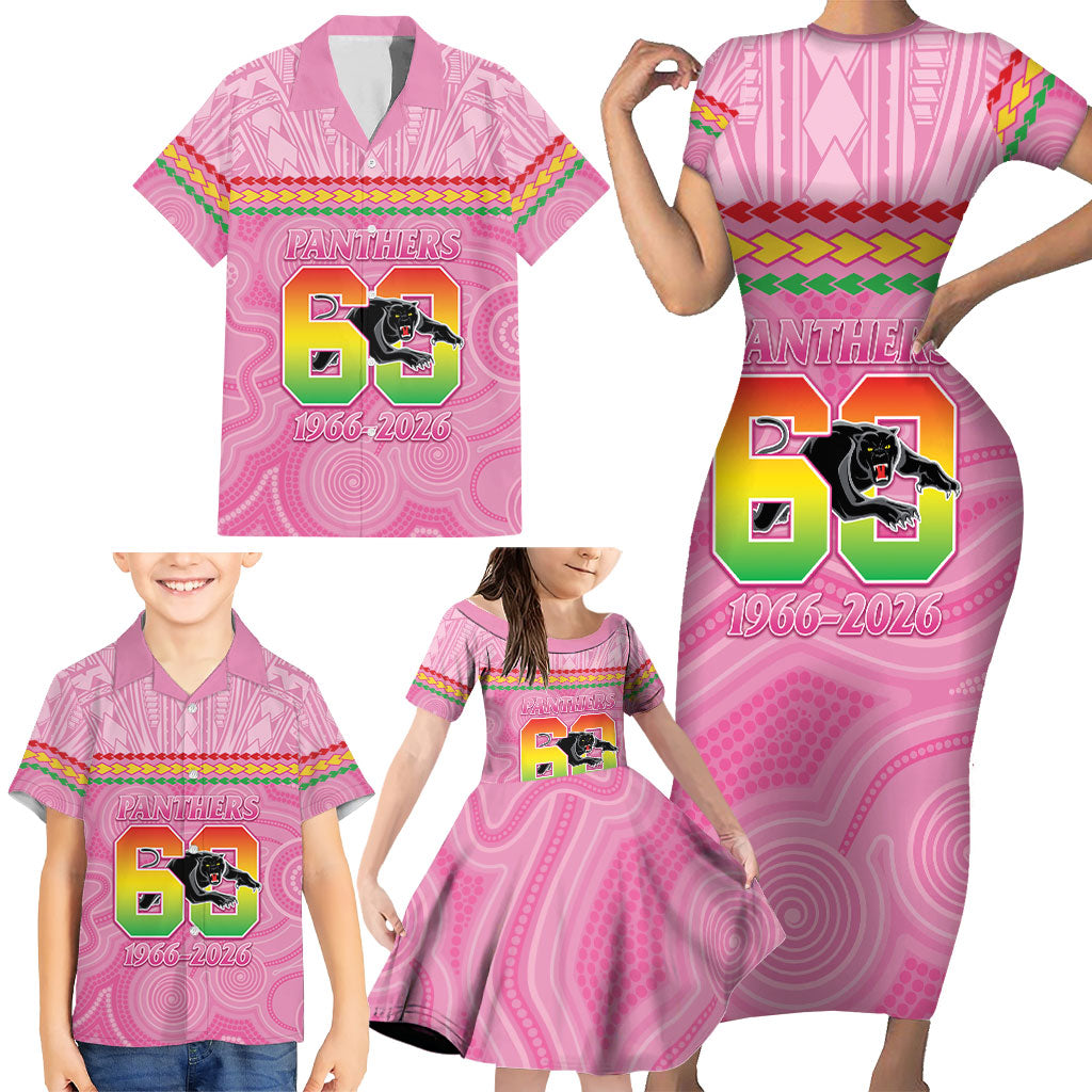 Penrith Panthers Rugby Custom Family Matching Short Sleeve Bodycon Dress and Hawaiian Shirt 60 Years Anniversary Pink Polynesian Aboriginal Art