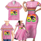 Penrith Panthers Rugby Custom Family Matching Short Sleeve Bodycon Dress and Hawaiian Shirt 60 Years Anniversary Pink Polynesian Aboriginal Art
