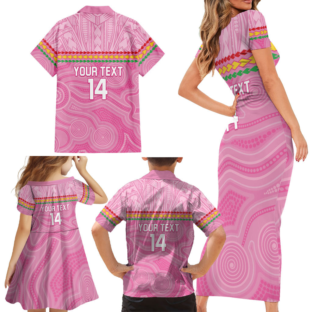 Penrith Panthers Rugby Custom Family Matching Short Sleeve Bodycon Dress and Hawaiian Shirt 60 Years Anniversary Pink Polynesian Aboriginal Art