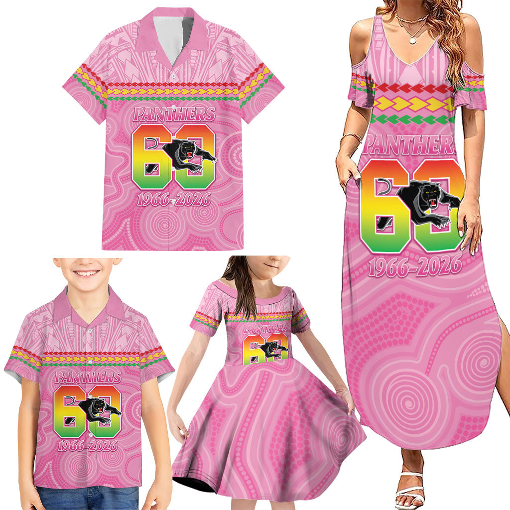 Penrith Panthers Rugby Custom Family Matching Summer Maxi Dress and Hawaiian Shirt 60 Years Anniversary Pink Polynesian Aboriginal Art
