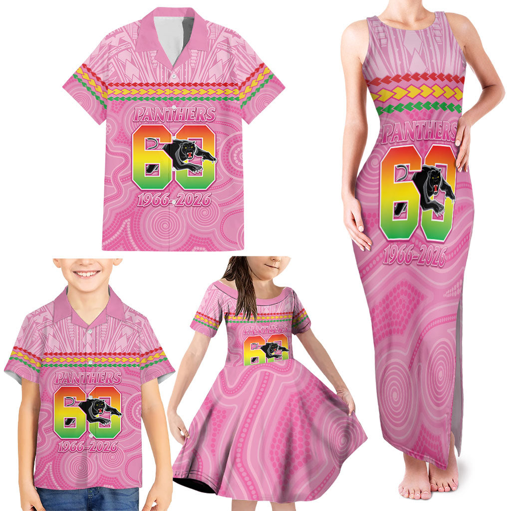 Penrith Panthers Rugby Custom Family Matching Tank Maxi Dress and Hawaiian Shirt 60 Years Anniversary Pink Polynesian Aboriginal Art