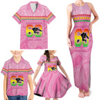 Penrith Panthers Rugby Custom Family Matching Tank Maxi Dress and Hawaiian Shirt 60 Years Anniversary Pink Polynesian Aboriginal Art