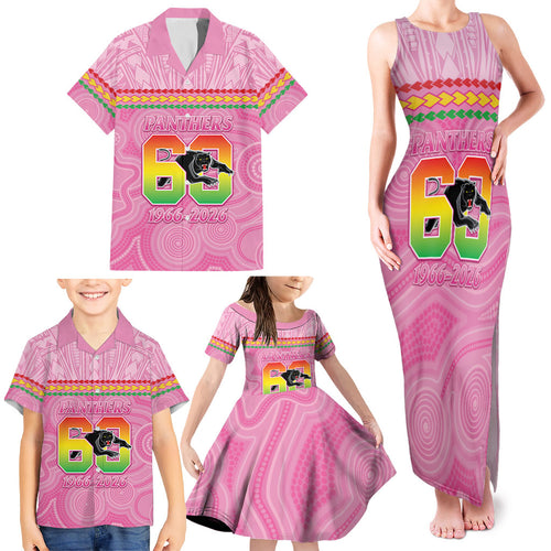 Penrith Panthers Rugby Custom Family Matching Tank Maxi Dress and Hawaiian Shirt 60 Years Anniversary Pink Polynesian Aboriginal Art