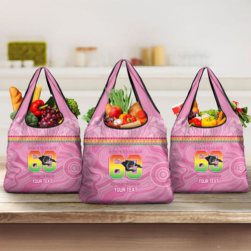 Penrith Panthers Rugby Custom Grocery Bag 60 Years Anniversary Pink Polynesian Aboriginal Art