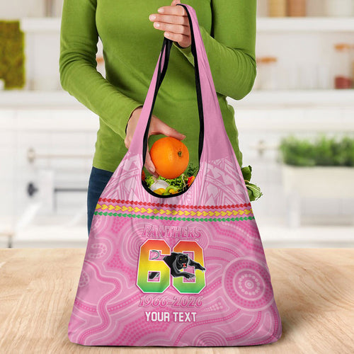 Penrith Panthers Rugby Custom Grocery Bag 60 Years Anniversary Pink Polynesian Aboriginal Art