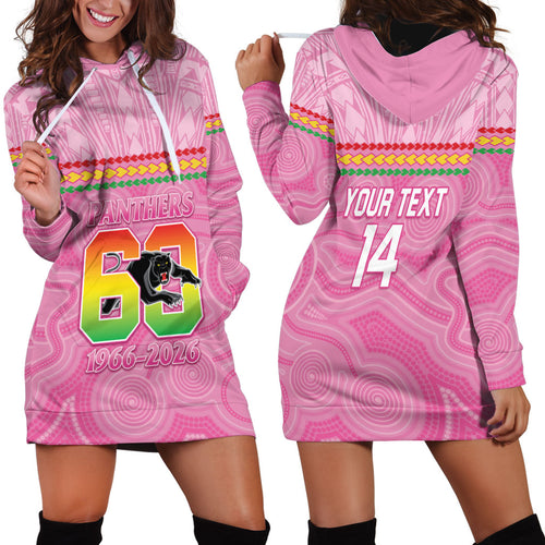 Penrith Panthers Rugby Custom Hoodie Dress 60 Years Anniversary Pink Polynesian Aboriginal Art