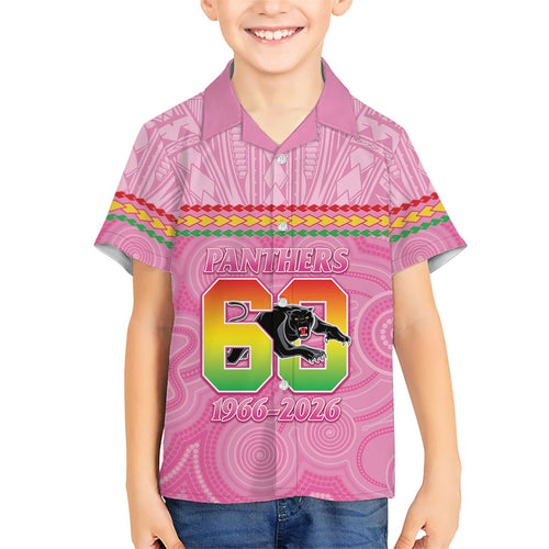 Penrith Panthers Rugby Custom Kid Hawaiian Shirt 60 Years Anniversary Pink Polynesian Aboriginal Art