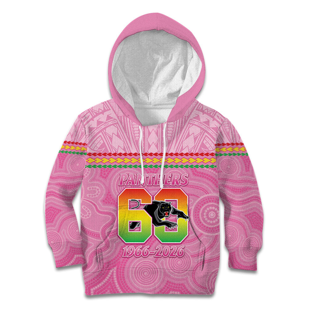 Penrith Panthers Rugby Custom Kid Hoodie 60 Years Anniversary Pink Polynesian Aboriginal Art