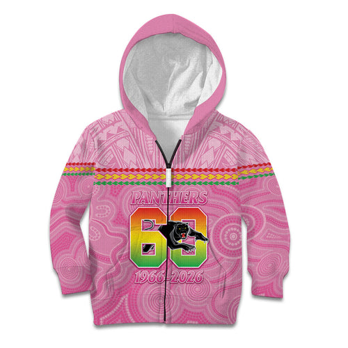 Penrith Panthers Rugby Custom Kid Hoodie 60 Years Anniversary Pink Polynesian Aboriginal Art