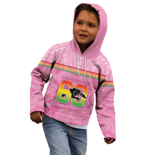 Penrith Panthers Rugby Custom Kid Hoodie 60 Years Anniversary Pink Polynesian Aboriginal Art