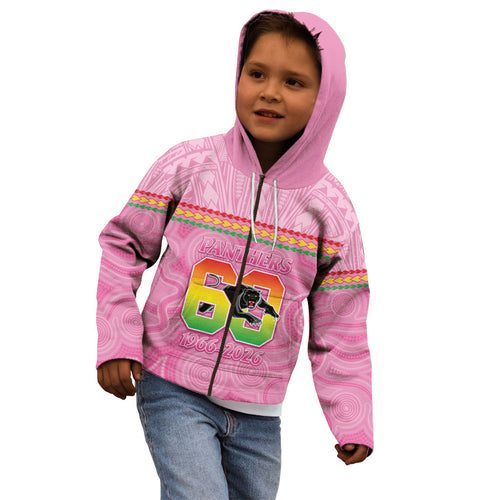 Penrith Panthers Rugby Custom Kid Hoodie 60 Years Anniversary Pink Polynesian Aboriginal Art