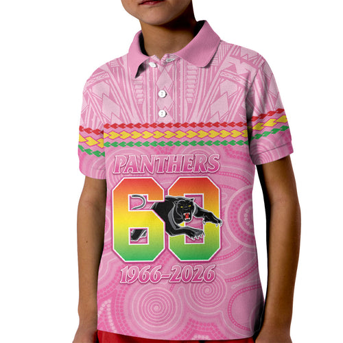 Penrith Panthers Rugby Custom Kid Polo Shirt 60 Years Anniversary Pink Polynesian Aboriginal Art