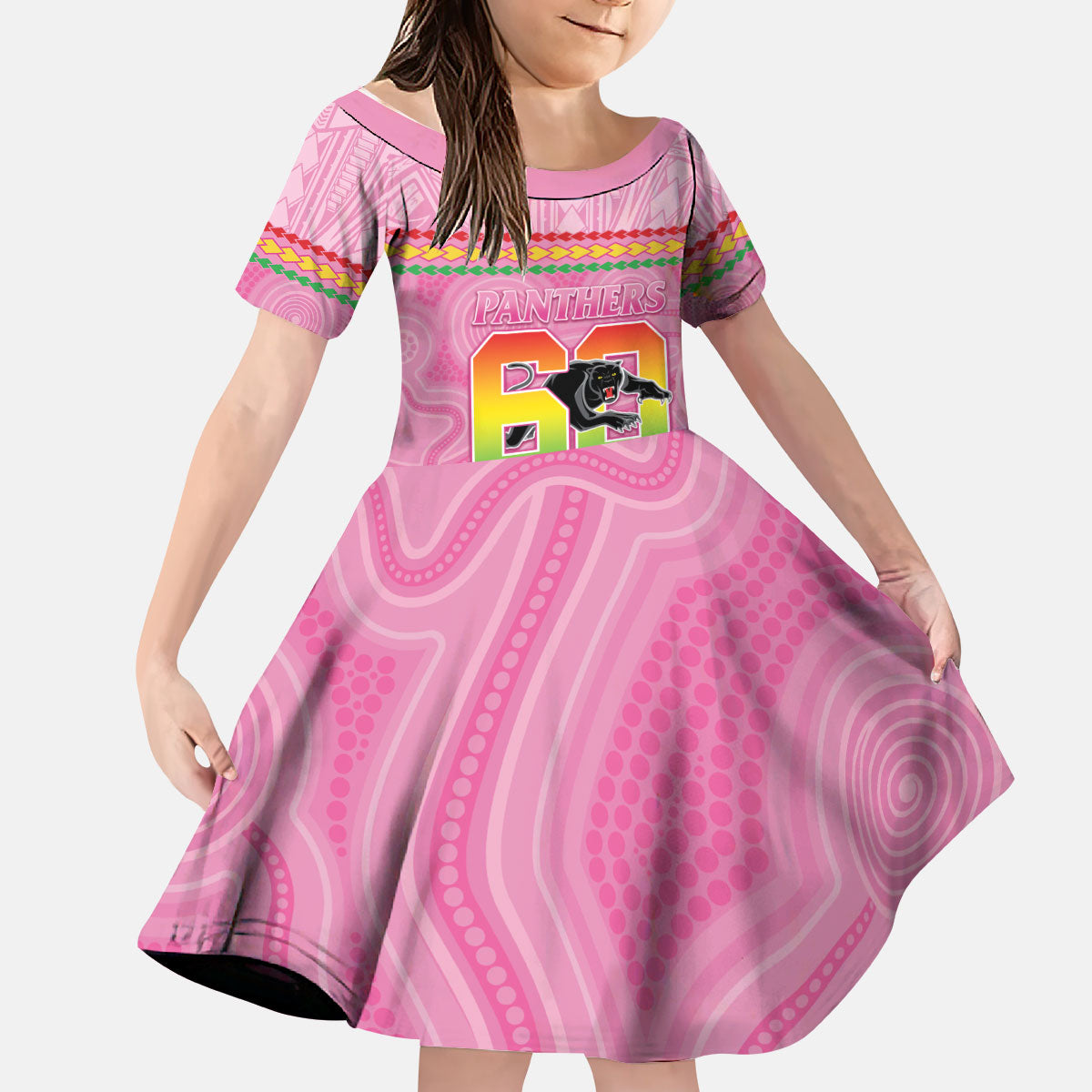 Penrith Panthers Rugby Custom Kid Short Sleeve Dress 60 Years Anniversary Pink Polynesian Aboriginal Art