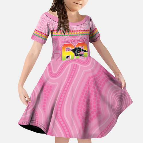 Penrith Panthers Rugby Custom Kid Short Sleeve Dress 60 Years Anniversary Pink Polynesian Aboriginal Art