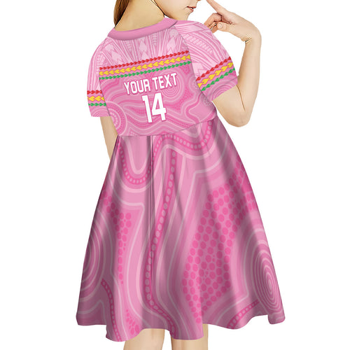 Penrith Panthers Rugby Custom Kid Short Sleeve Dress 60 Years Anniversary Pink Polynesian Aboriginal Art