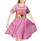 Penrith Panthers Rugby Custom Kid Short Sleeve Dress 60 Years Anniversary Pink Polynesian Aboriginal Art