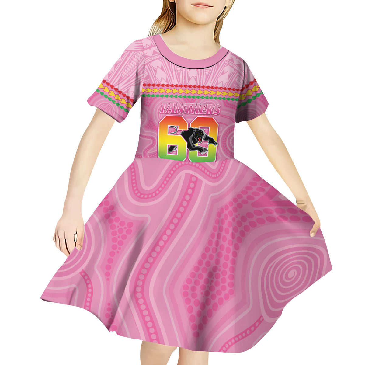 Penrith Panthers Rugby Custom Kid Short Sleeve Dress 60 Years Anniversary Pink Polynesian Aboriginal Art