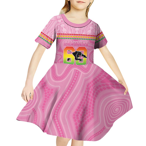 Penrith Panthers Rugby Custom Kid Short Sleeve Dress 60 Years Anniversary Pink Polynesian Aboriginal Art