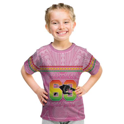 Penrith Panthers Rugby Custom Kid T Shirt 60 Years Anniversary Pink Polynesian Aboriginal Art