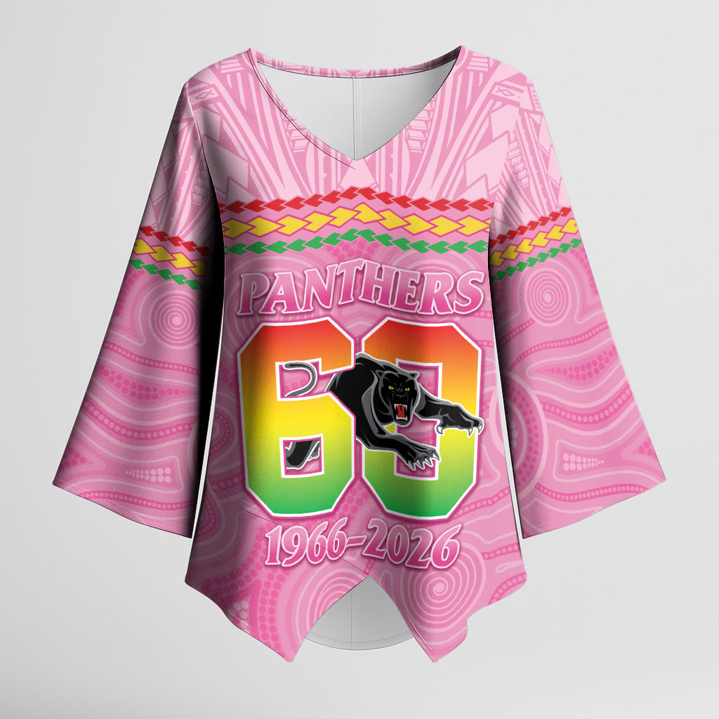 Penrith Panthers Rugby Custom Kimono Sleeve Blouse 60 Years Anniversary Pink Polynesian Aboriginal Art
