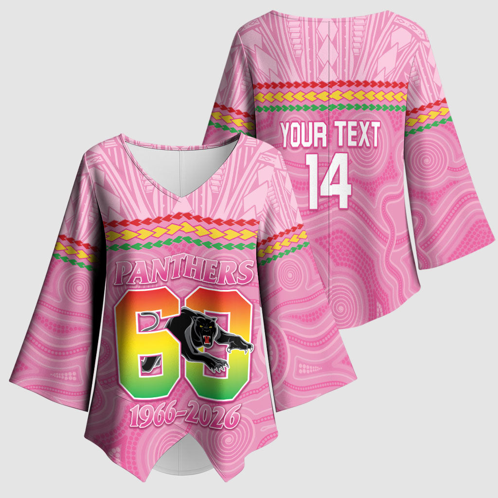 Penrith Panthers Rugby Custom Kimono Sleeve Blouse 60 Years Anniversary Pink Polynesian Aboriginal Art