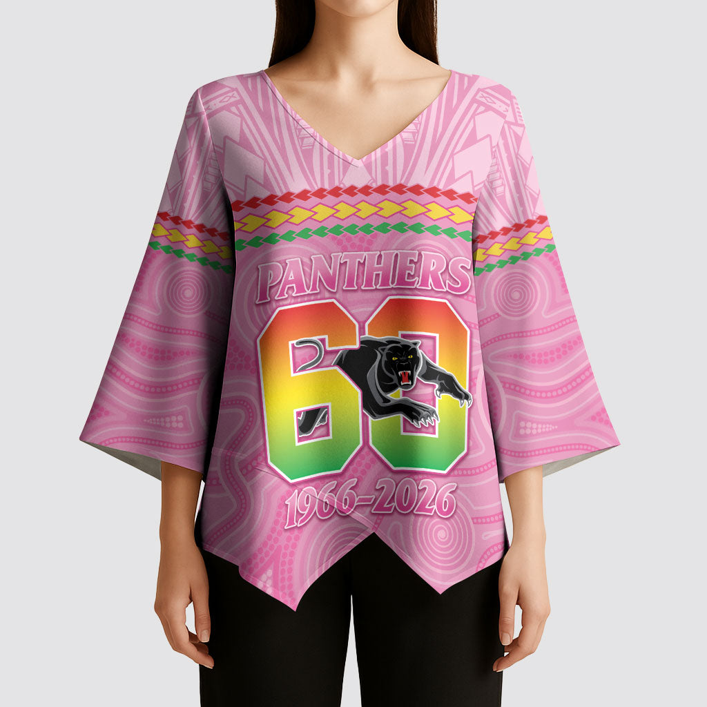 Penrith Panthers Rugby Custom Kimono Sleeve Blouse 60 Years Anniversary Pink Polynesian Aboriginal Art