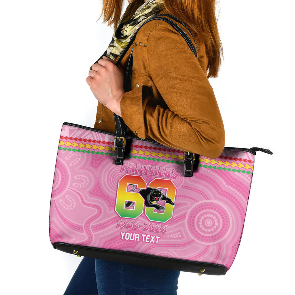 Penrith Panthers Rugby Custom Leather Tote Bag 60 Years Anniversary Pink Polynesian Aboriginal Art
