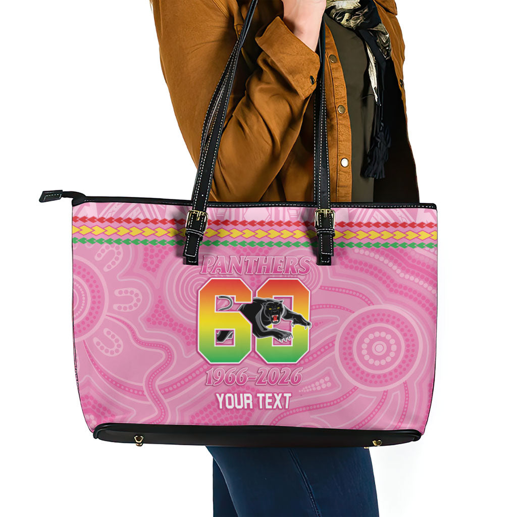 Penrith Panthers Rugby Custom Leather Tote Bag 60 Years Anniversary Pink Polynesian Aboriginal Art