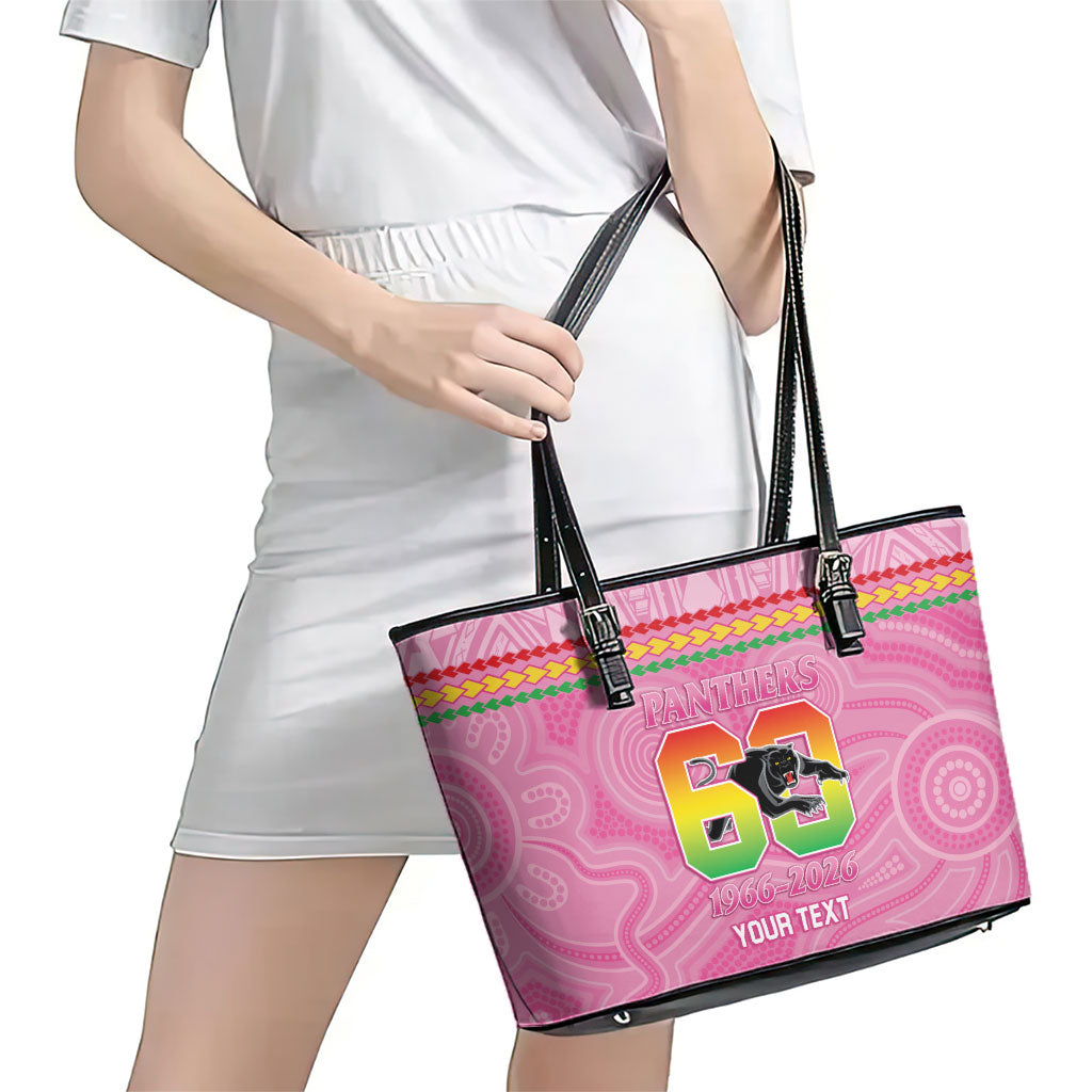 Penrith Panthers Rugby Custom Leather Tote Bag 60 Years Anniversary Pink Polynesian Aboriginal Art