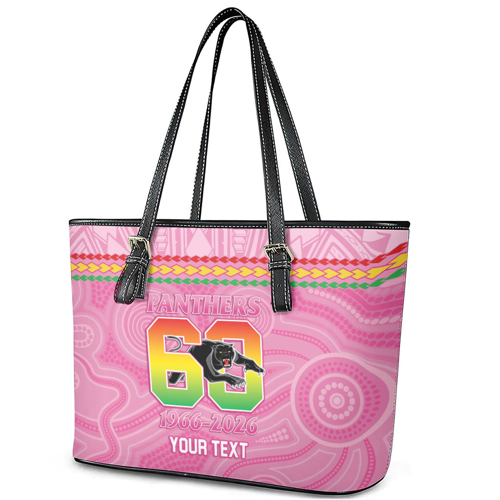 Penrith Panthers Rugby Custom Leather Tote Bag 60 Years Anniversary Pink Polynesian Aboriginal Art