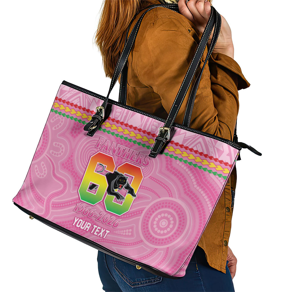 Penrith Panthers Rugby Custom Leather Tote Bag 60 Years Anniversary Pink Polynesian Aboriginal Art