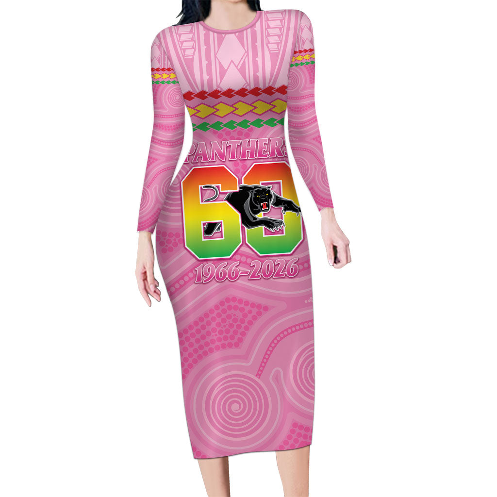 Penrith Panthers Rugby Custom Long Sleeve Bodycon Dress 60 Years Anniversary Pink Polynesian Aboriginal Art