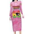 Penrith Panthers Rugby Custom Long Sleeve Bodycon Dress 60 Years Anniversary Pink Polynesian Aboriginal Art
