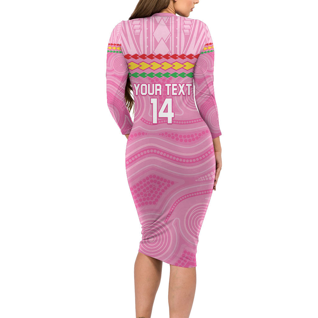 Penrith Panthers Rugby Custom Long Sleeve Bodycon Dress 60 Years Anniversary Pink Polynesian Aboriginal Art